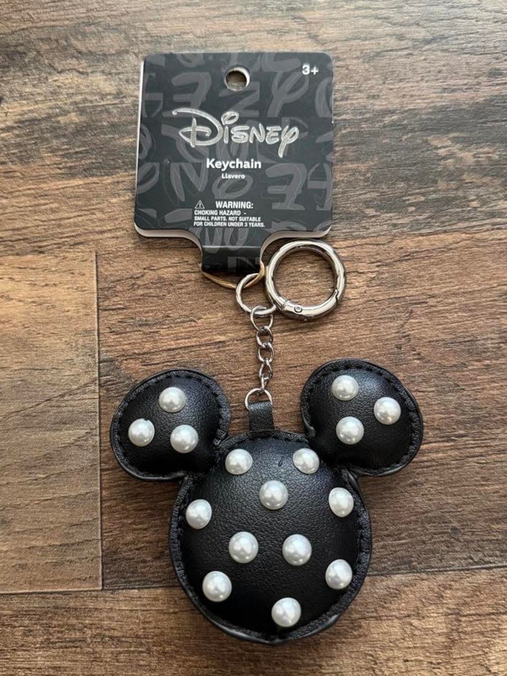 Disney Mickey Mouse  Black Faux-Leather Keychain bag charm with pearl accents - Picture 3 of 10